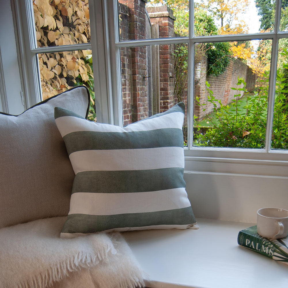 Riviera Striped Linen Cushion - Sage